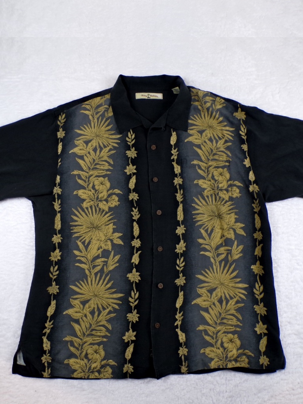 Tommy Bahama Men’s Button Up Shirt XL Black w/ Yellow Floral Pattern 100 % Silk